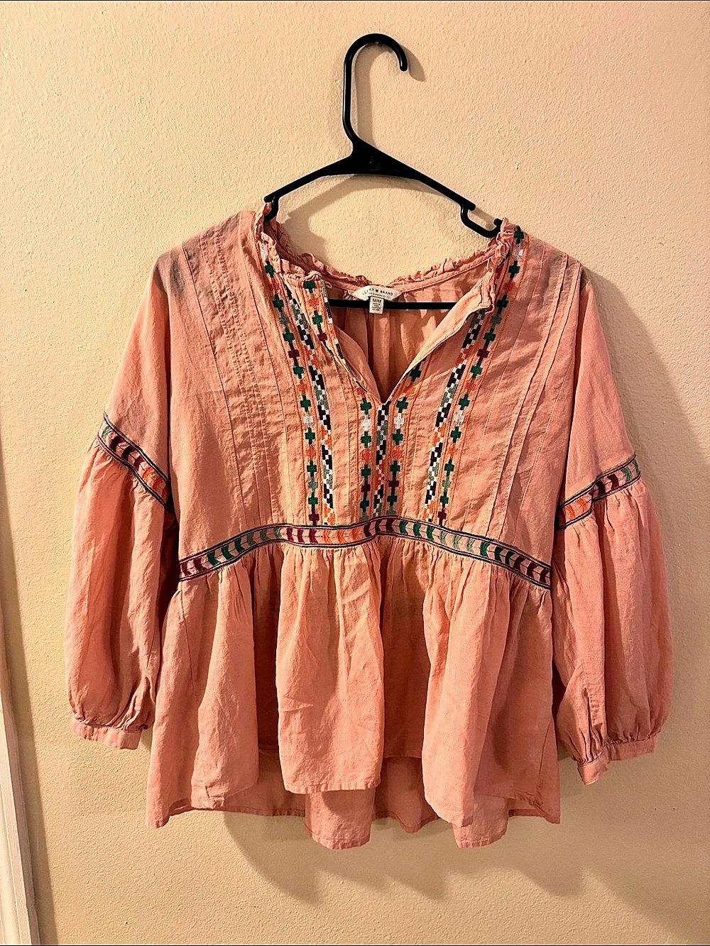 Lucky Brand Embroidered Long Sleeve Peplum Top Pink Medium